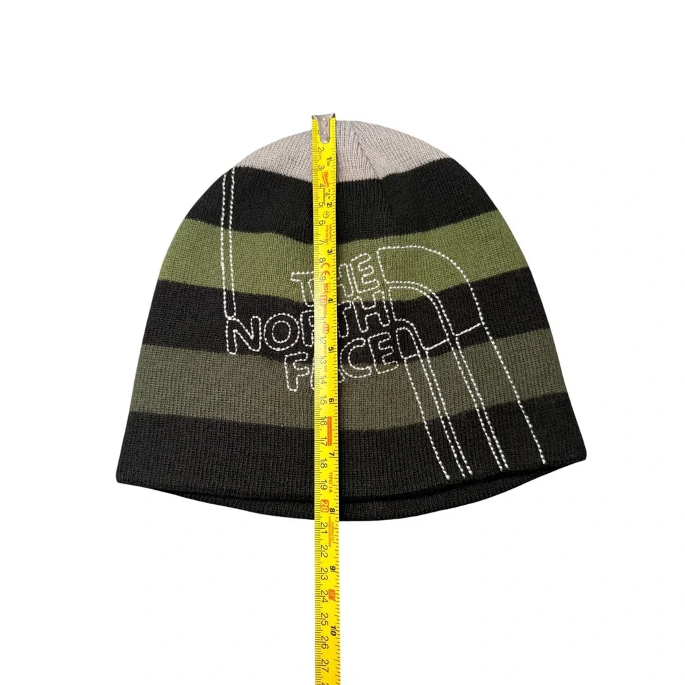 The North Face Beanie Hat Striped Green Black Embroidered Logo Skull Cap